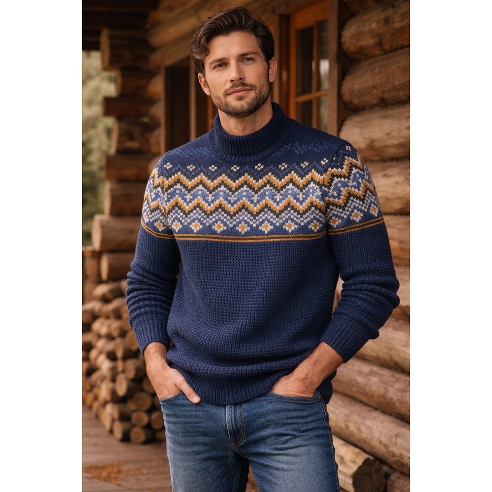 L.L. Bean Fair Isle Mock Neck Organic Cotton Waffle Knit Sweater Navy Blue Sz L